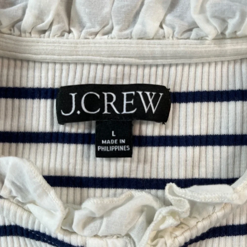 J.Crew Womens Navy White Striped Ruffle Neck Henley Top Gold Buttons Sz Large